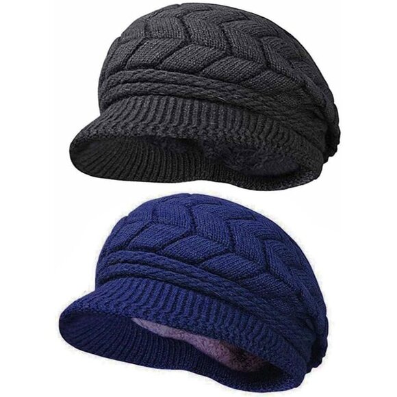 〽️Women’s _2hats(black+navy) Winter Warm Knit Wool Snow Ski Hat with Visor main image 4